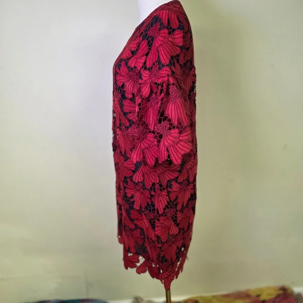 Tory Burch Floral Guipure Lace Shift‎ Dress Red Bell Sleeve Womens 4 Excellent